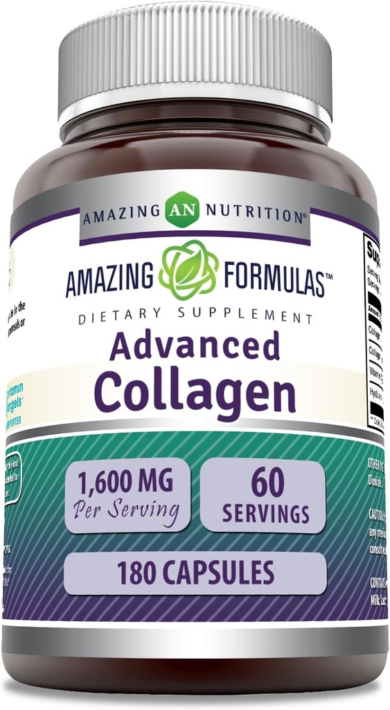 Incredibile Formulas Advanced Collagen Supplement | Collagen Type I, II & III, con vitamina C & Acido Ialuronico | 1600 Mg Per Serving | 180 capsule | Non OGM | Gluten-Free | Made in USA