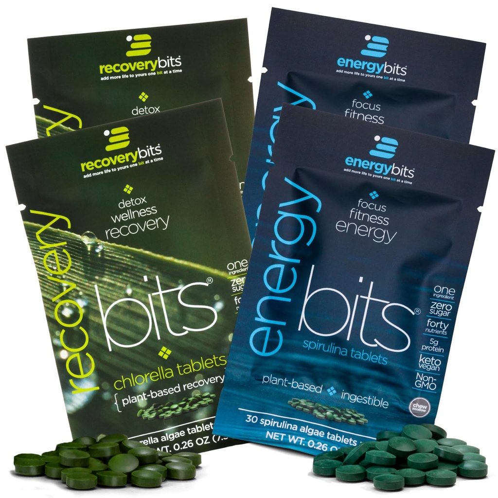 ENERGYbits/RECOVERYbits - Spirulina Organica & Chlorella Tablets - Sample Pack di Serve Singola - Algae Superfood - Alta Proteina, Chlorophyll - Self Care - Vegan, Keto, Gluten Free - 4 Borse, 30/Bag