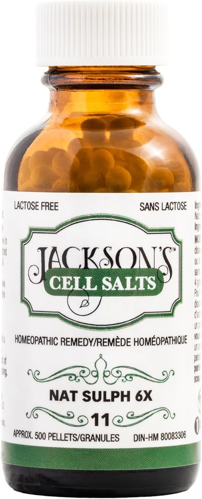 Jackson's #11 Cell Salt NAT Sulph 6X (500 Pellet Bottiglia) – Certificato Vegan, Lactose-Free Schuessler Tissue Salt Natrum Sulphuricum 6X