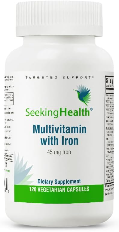 Ricerca di salute Multivitamina con ferro, 45 mg di ferro chelato, attivo B Vitamins Plus L-5-MTHF, supporta il sistema immunitario sano e la produzione di energia, capsule vegetariane (120 capsule)*