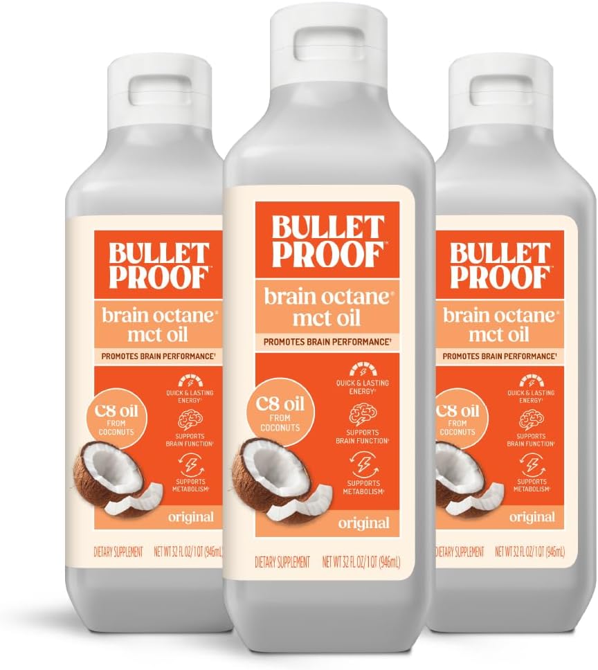 Olio MCT di Octane C8 a prova di proiettile, 32 once (pacchetto di 3), supplemento di Keto per l'energia e il supporto di Craving