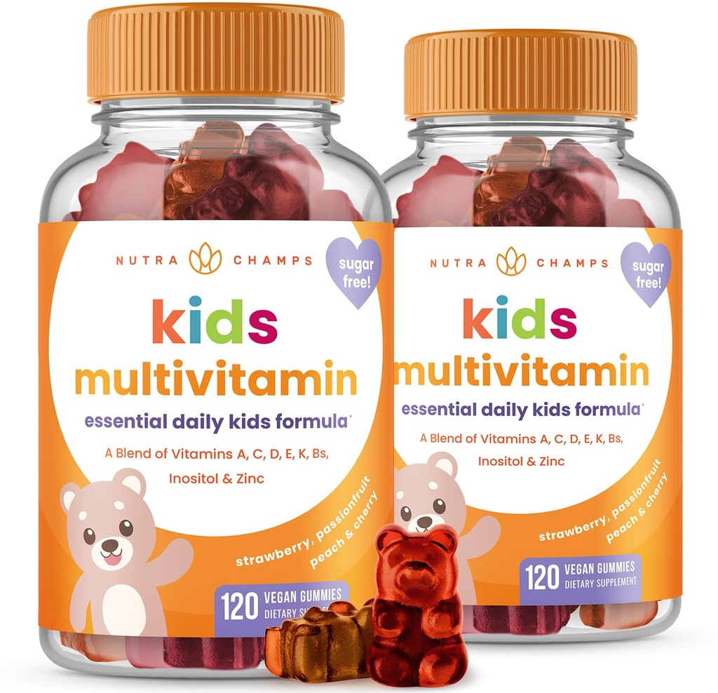 NutraChamps 120 Gummy Vitamine per bambini (Pack of 2), Sugar Free Kids Vitamins Gummy Multivitamin, Vegan & Non-GMO, Fragola, Passionfruit, Peach & Cherry