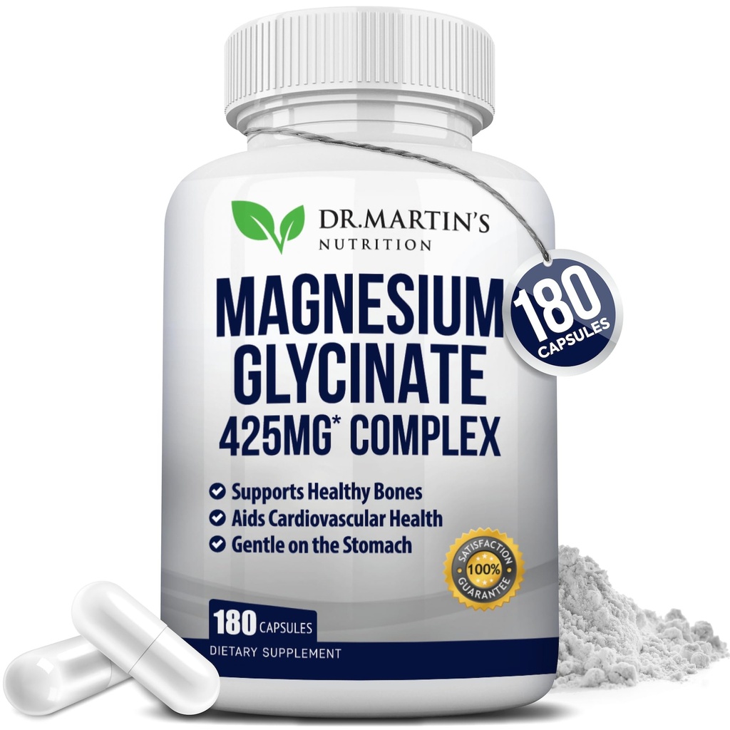 Premium Magnesio Glycinate 425mg - 180 capsule vegane - aiuta con stress sollievo, sonno, crampi muscolari e cuore sano |