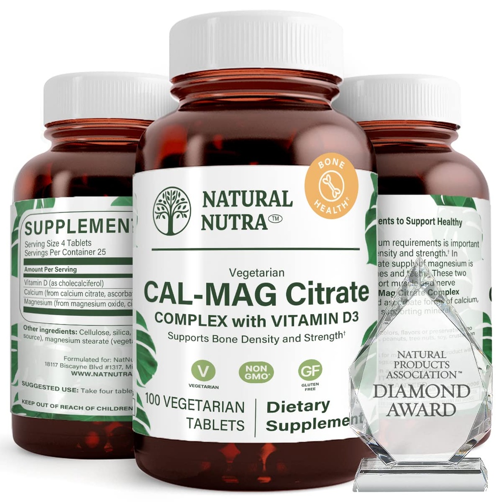 Citrato naturale di Nutra Cal-Mag con vitamina D3,1000/500 mg Complesso, rinforza la densità di ossa, il muscolo e la salute di Nerve, aiuta a mantenere i denti sani, sorgenti altamente biodisponibili, 100 compresse vegane