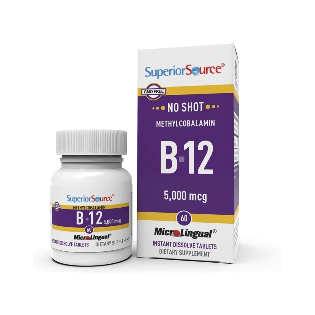 Sorgente superiore No Shot Methylcobalamin B-12 5000 mcg - Vitamina B-12 per sostenere la produzione di energia, salute del cervello & benessere generale - Tablets sublinguali per assorbimento rapido - 60 compresse dissolving