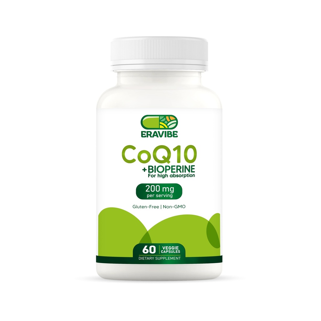 Pure CoQ10 Energy Support High Absorption with Bioperine, 200 mg per Serving, 60 capsule vegetali, senza glutine, non OGM