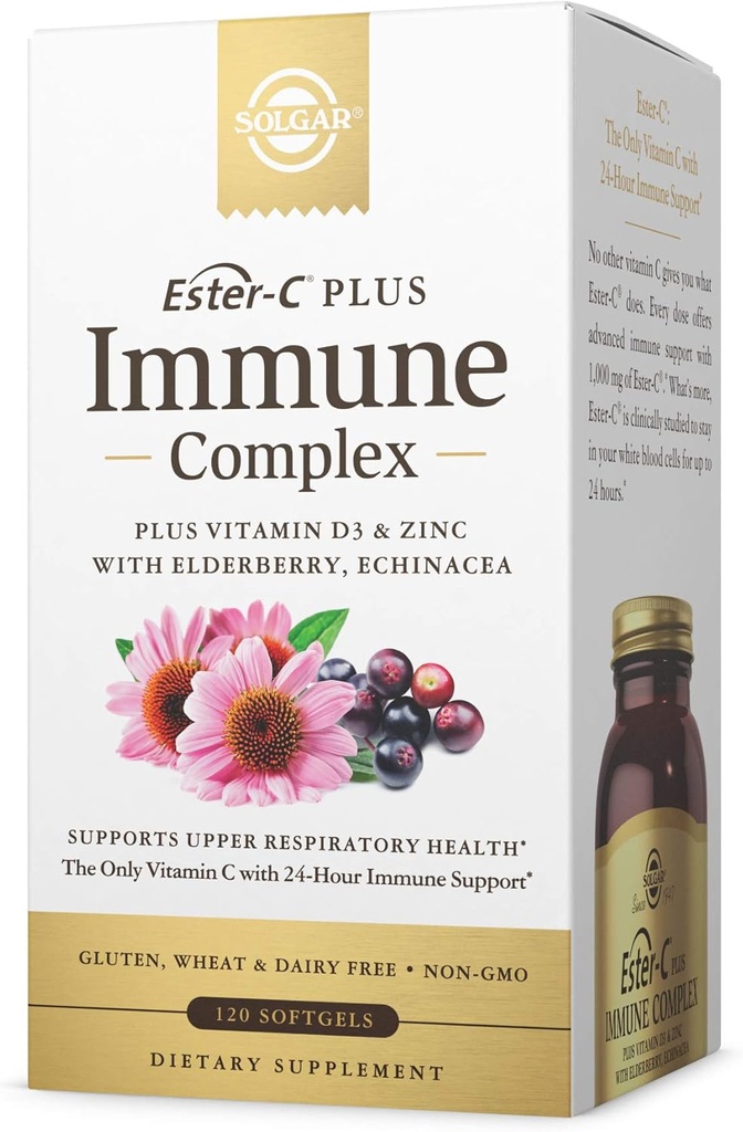 Solgar Ester-C Plus Immune Complex -120 Softgels, 24-Hour Immune Support, Supporti Upper Respiratory Health - Plus D3, Zinc, Elderberry & Echinacea - Non-GMO, Gluten Free, Dairy Free - 60 Servings,