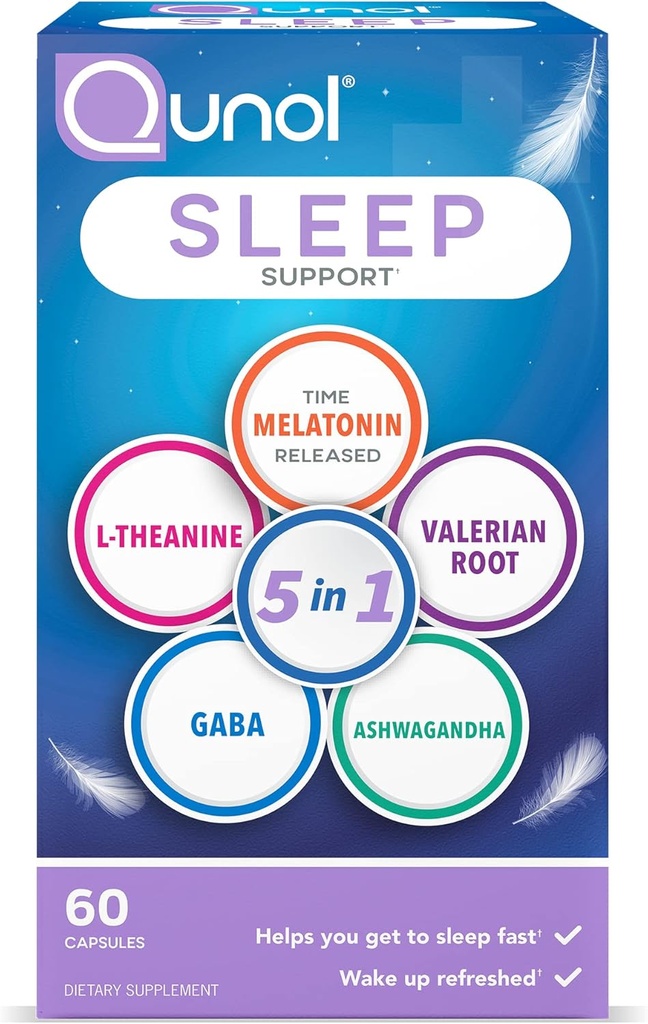 Supporto per il sonno Qunol, 5 in 1 Non-Habit Forming Sleep Aid, Supplemento con Melatonina 5mg, Ashwagandha, GABA, radice di Valerian, L-teanina, capsule 60ct