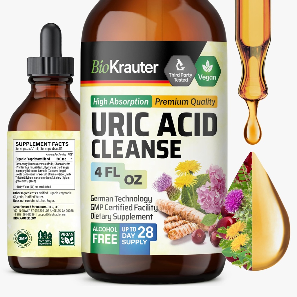 Tintura di sostegno dell'acido urico BIO KRAUTER - Integratore del rene naturale w/Tart Ciliegia, cardo del latte, estratti di liquido erbario - Gocce vegane 4 Fl.Oz.