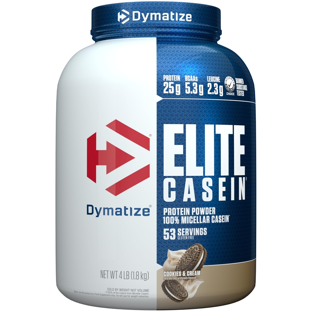 Dymatize Elite Casein Protein Powder, Cookies & Cream, 100% Micellar Casein, 25g Protein, 5.4g BCAAs, 2.3g Leucina, Assorbimento lento per il recupero del muscolo di notte, 4 lb (53 Servings)