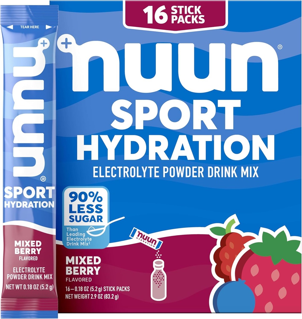 Nuun Sport Electrolyte Powder Packets con Magnesio, Calcio, Potassio, Cloruro e Sodio, Imballaggi per l'idratazione di On-The-Go, Mixed Berry Flavor, Gluten Free & Vegan, 16 Serve singole
