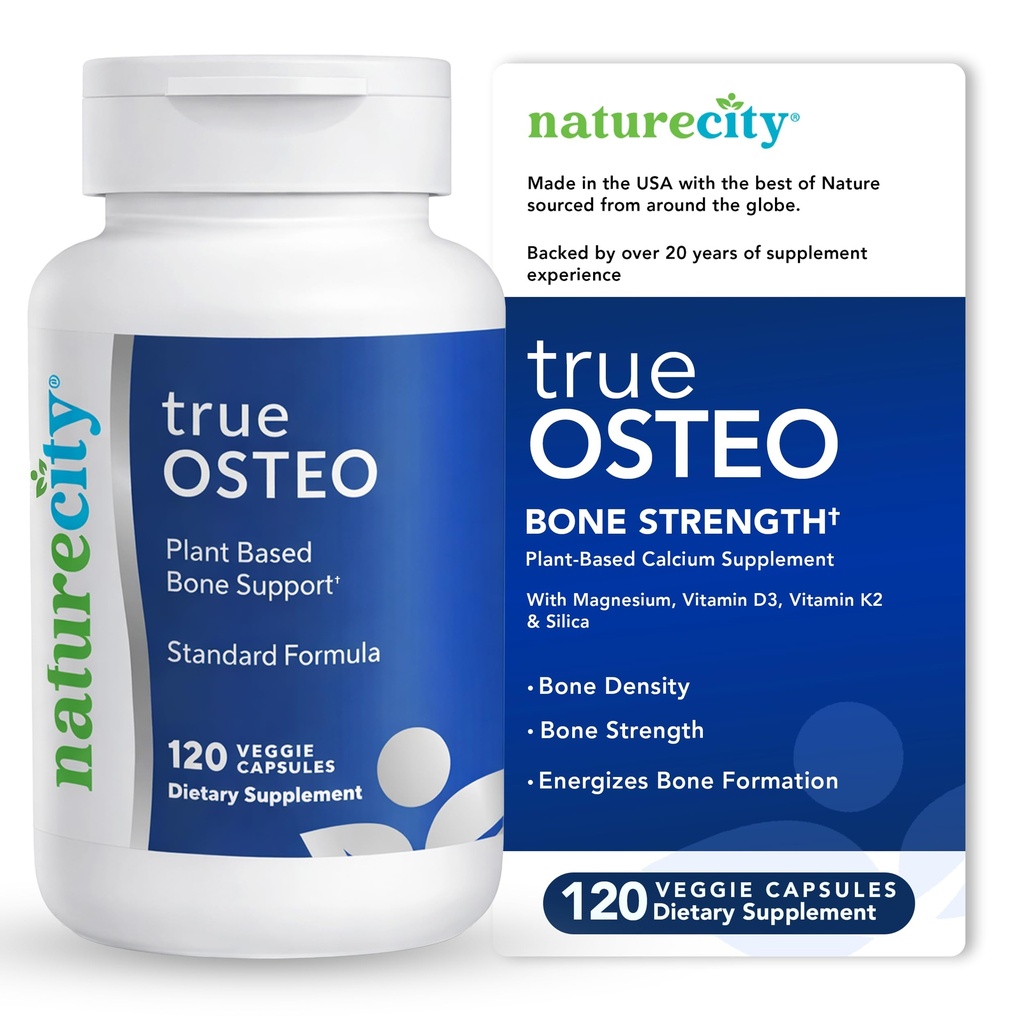NatureCity True-Osteo Plant-Based Supplement per Bone Strength | AlgaeCal Calcium & Magnesium, Vitamina D3, Vitamina K2, Silicon| Gentle on Stomach (120 capsule vegetali)
