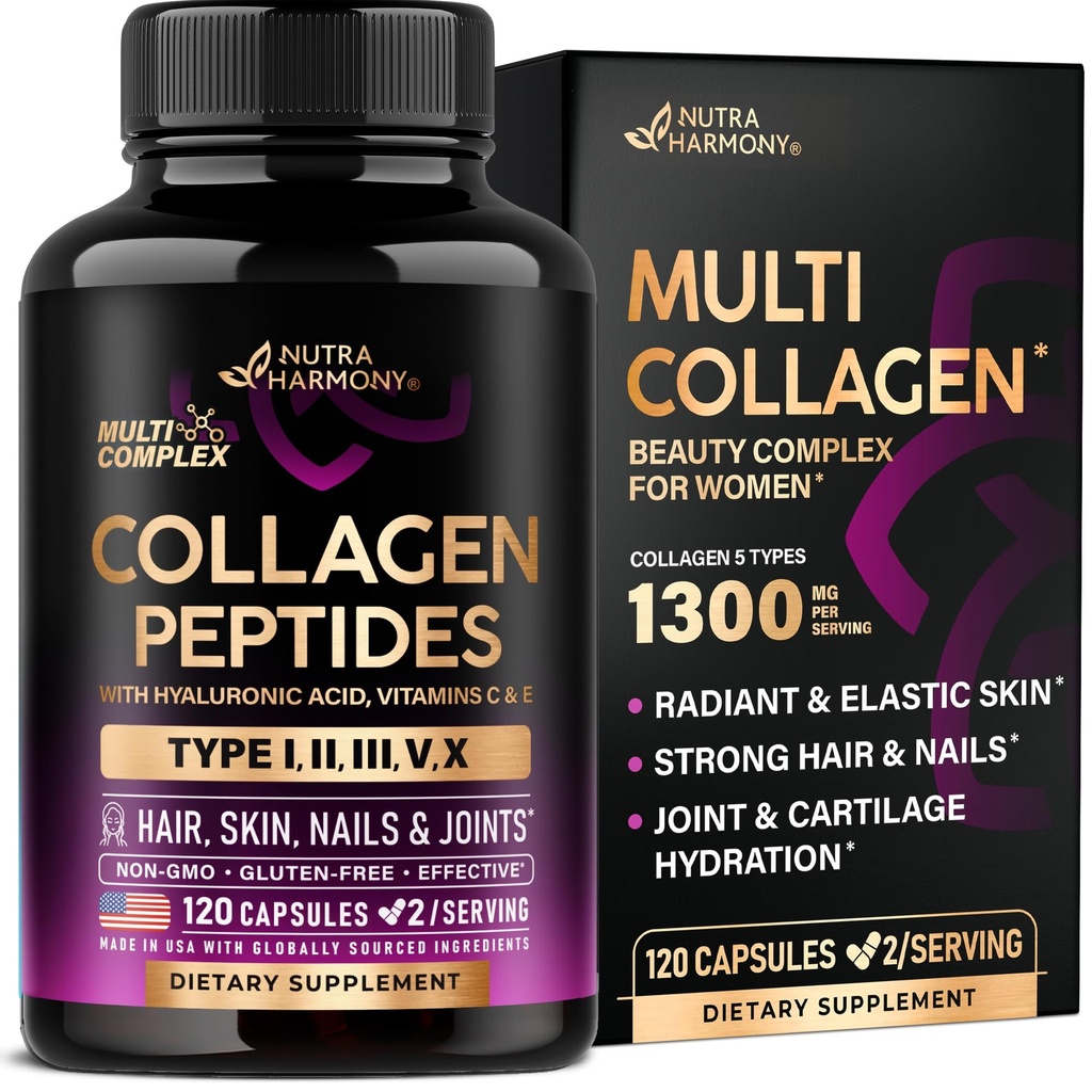 Peptidi multi collagene - Tipi idrolizzati I, II, III, V & X - Supplemento al collagene per le donne 1300mg - w/ Acido ialuronico, Vitamine C & E - Pelle, Capelli, Ricostruzione Unghie - Made in USA, 120 Capsule