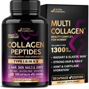 Peptidi multi collagene - Tipi idrolizzati I, II, III, V & X - Supplemento al collagene per le donne 1300mg - w/ Acido ialuronico, Vitamine C & E - Pelle, Capelli, Ricostruzione Unghie - Made in USA, 120 Capsule