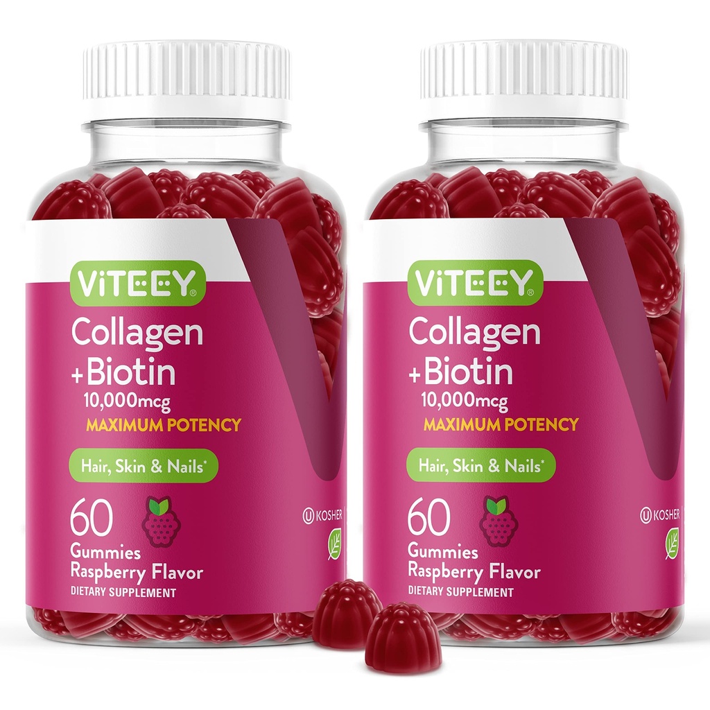 Viteey Collagen Gummies con Biotin Gummies per Capelli e Vitamine Unghie - Integratori Biotina e Collagene per Donne & Uomini - Vegan, Senza Glutine – 120 Conte