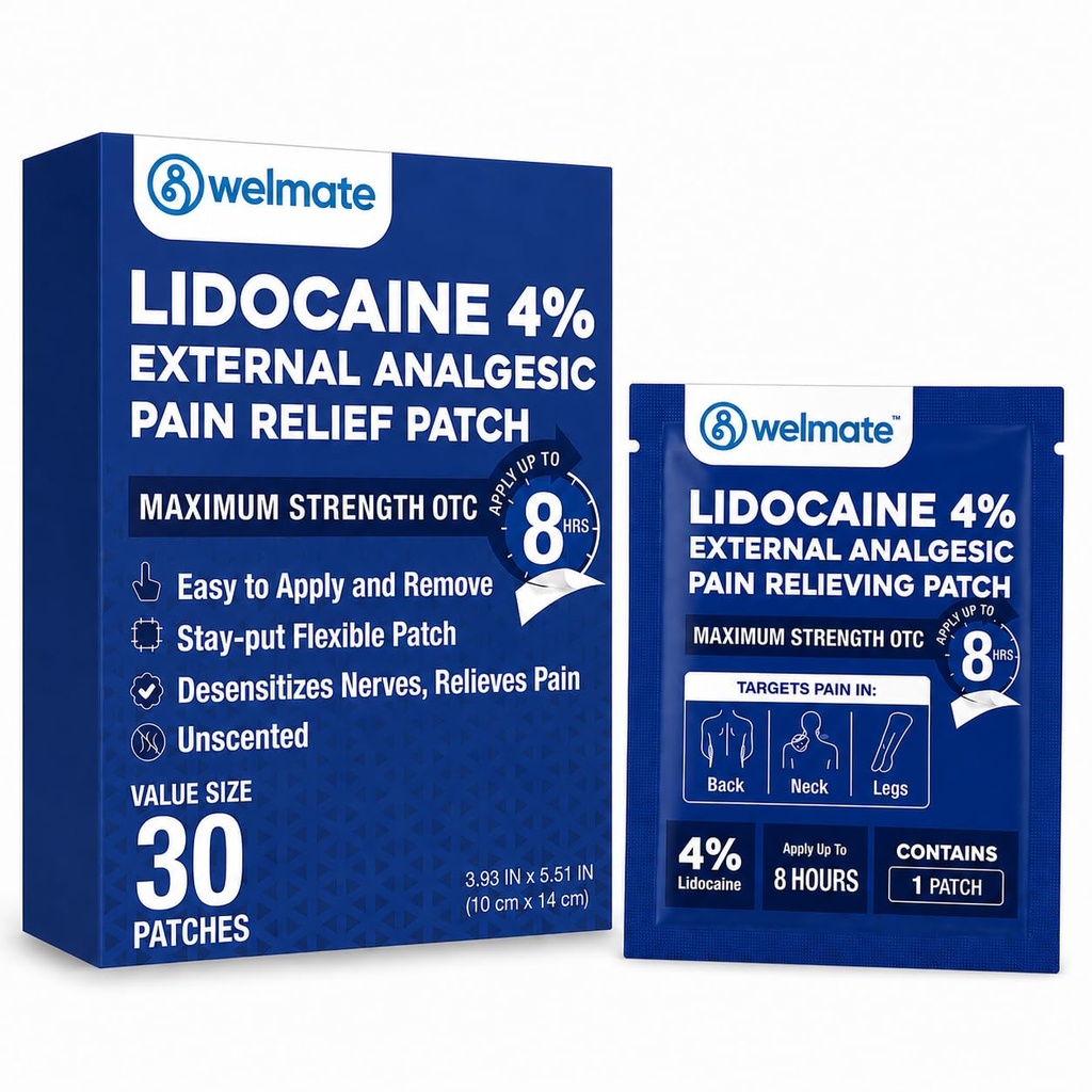 WELMATE - 4% lidocaina Numbing Patch - massima resistenza - Rilievo temporaneo di dolore, schiena, collo, spalle, ginocchiere, gomiti, gomiti, irritazioni cutanee minori - Topical analgesico non profumato - 30 ct