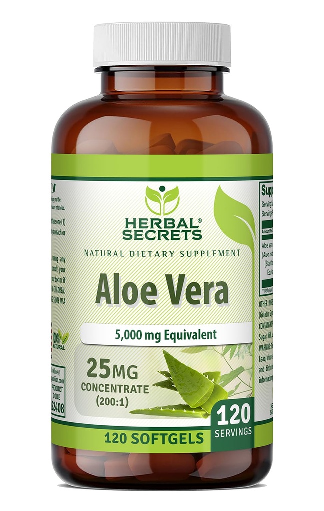 Herbal Secrets Aloe Vera 25 Mg Concentrato 200:1 | 5000 Mg Equivalente | 120 Softgels | Non-GMO | Gluten-Free Made in USA