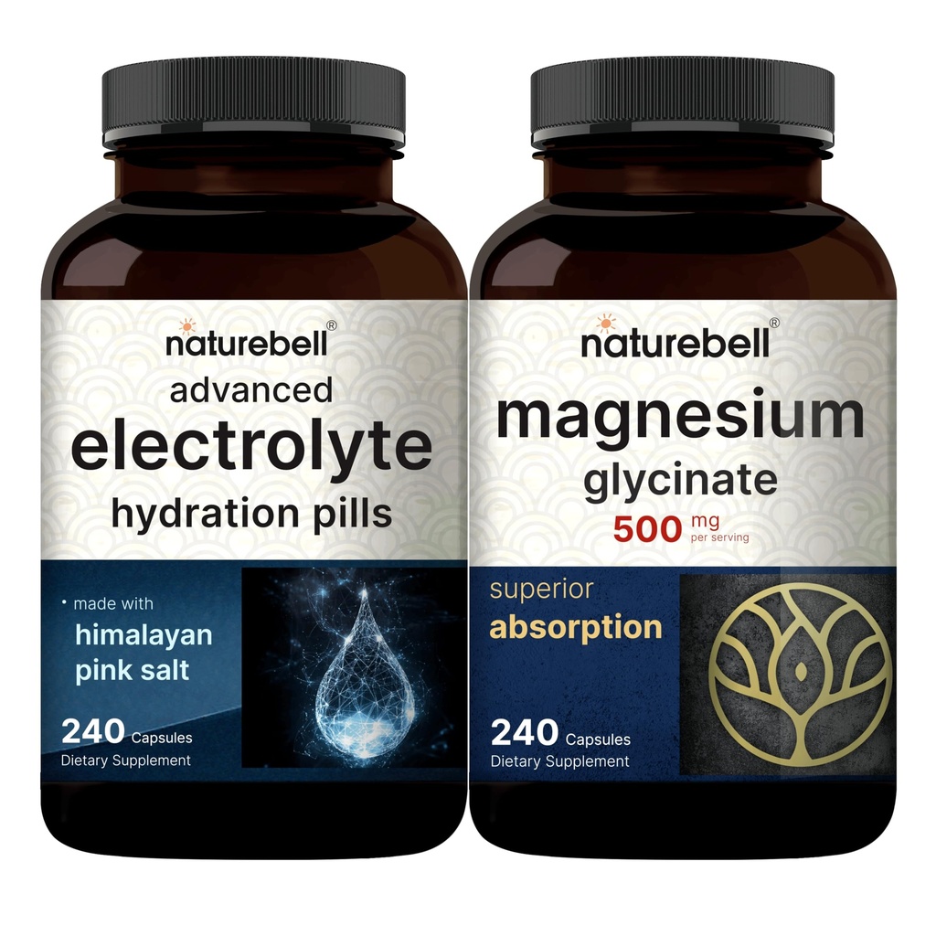 NatureBell Magnesium Glycinate Capsule 500mg & Pillole di Idratazione Elettrolitica Avanzata Bundle Pack | Minerali Chelati e Purificati | Fast Hydrating Keto Electrolytes