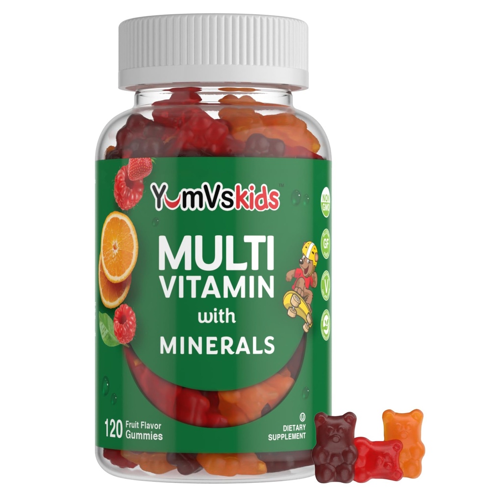 YumVs Kids Multivitamin Gummies - Frutta aromatizzata Masticabile Multivitaminico per bambini - Vitamine per bambini Multivitaminico Gomma con 12 Minerali & Vitamine A C D3 E B6 B12 (120 Conteggio di 1))