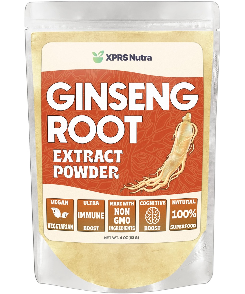 XPRS Nutra Ginseng Root Extract Powder - Ginseng Powder Supporta funzione cognitiva, prestazioni fisiche e sistema immunitario - Vegan Friendly Panax Ginseng in forma di polvere (4 oncia)