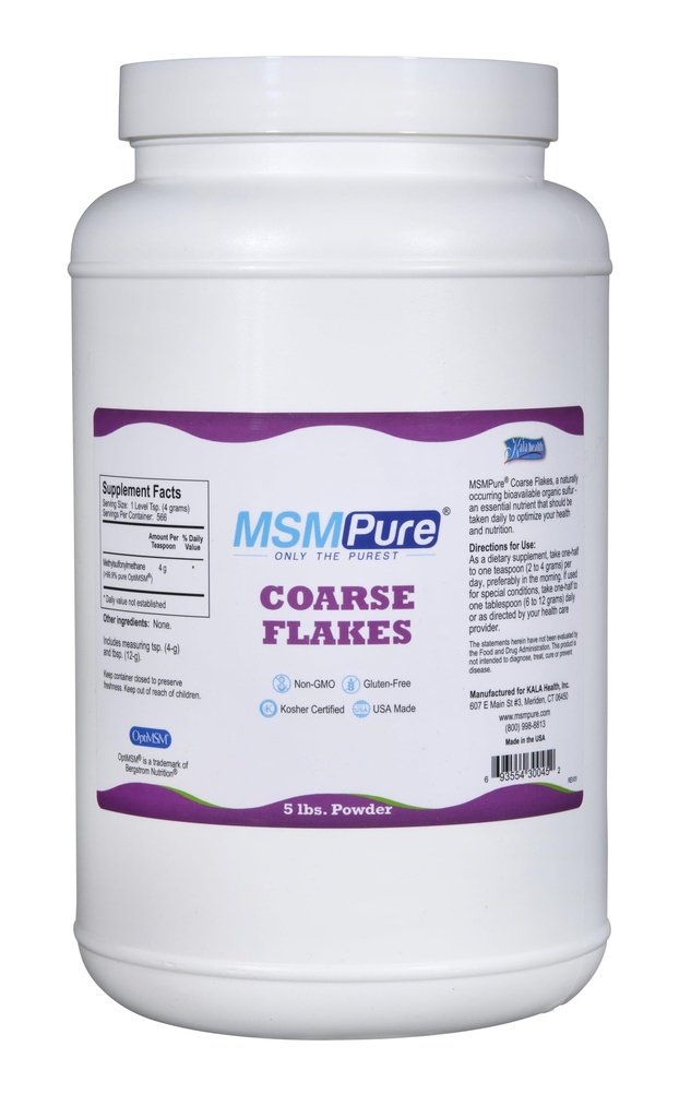 KALA HEALTH MSMPure Coarse MSM Powder Flakes – MSM USA-Made per la salute comune, l'aspetto della pelle e il supporto per capelli e unghie – 5 lb, zolfo organico