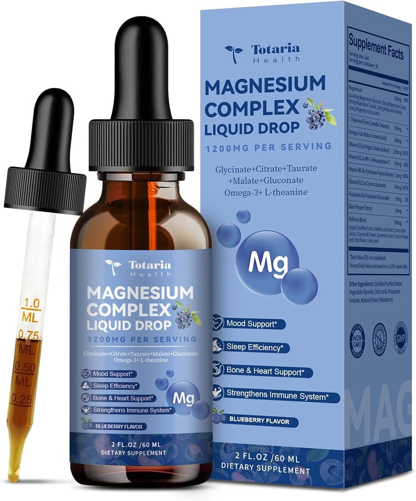 21 in 1 Magnesio Glycinate Complesso Goccia liquida con vitamina D3,K2,B6 & B12 Plus L-teanina Omega-3 Moss estratto per energia,Sleep,Joint,Heart Salute Zucchero Free Blueberry Flavor,2 Fl Oz