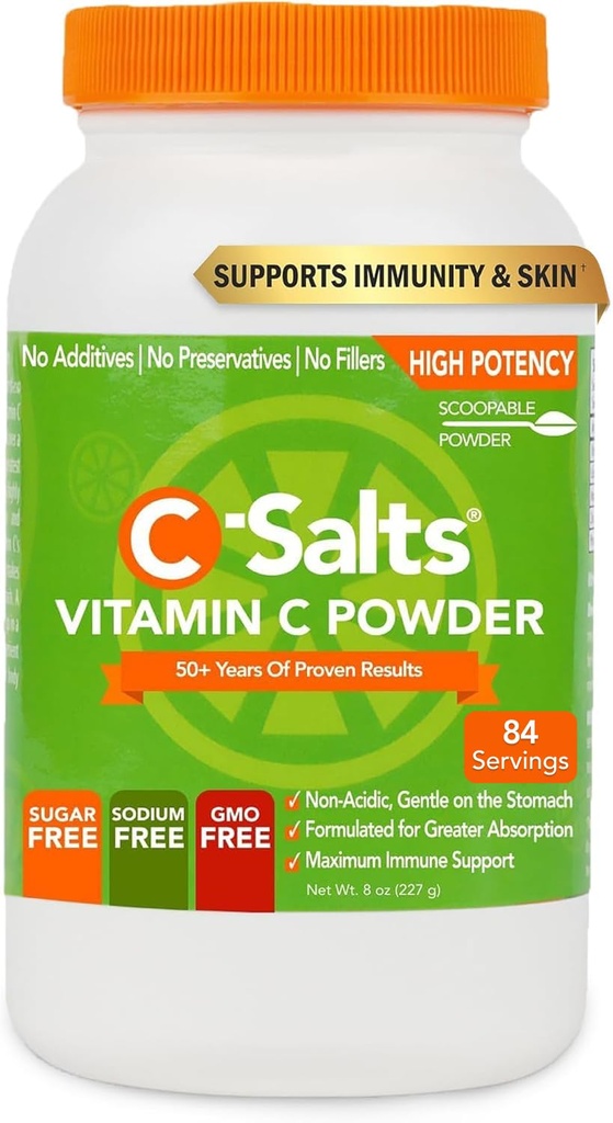 C-Salts Vitamin C Powder Supplement - 100% Pure High Dose Buffered Vitamin C Polvere per il supporto immunitario - Organico, senza zucchero, Vegan, Non OGM, Stomach-Friendly, Originale 8 oz
