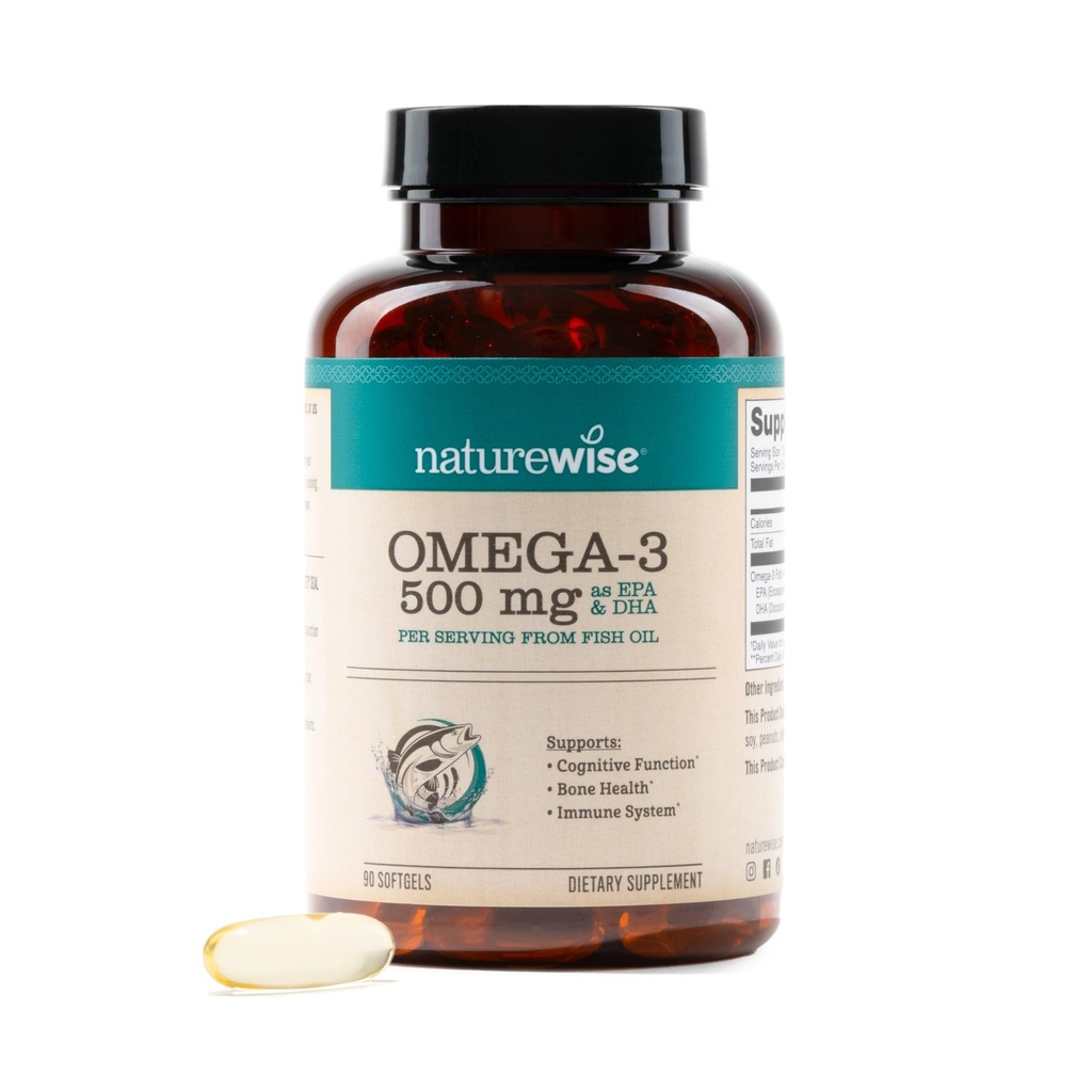 NatureWise Omega 3 Fish Oil - 500 mg per Pill - EPA & DHA - Supporto immunitario, Salute del cervello e benessere ottimale - Gluten and Soy Free, Non-GMO - 90 Softgels[3-Month Supply]