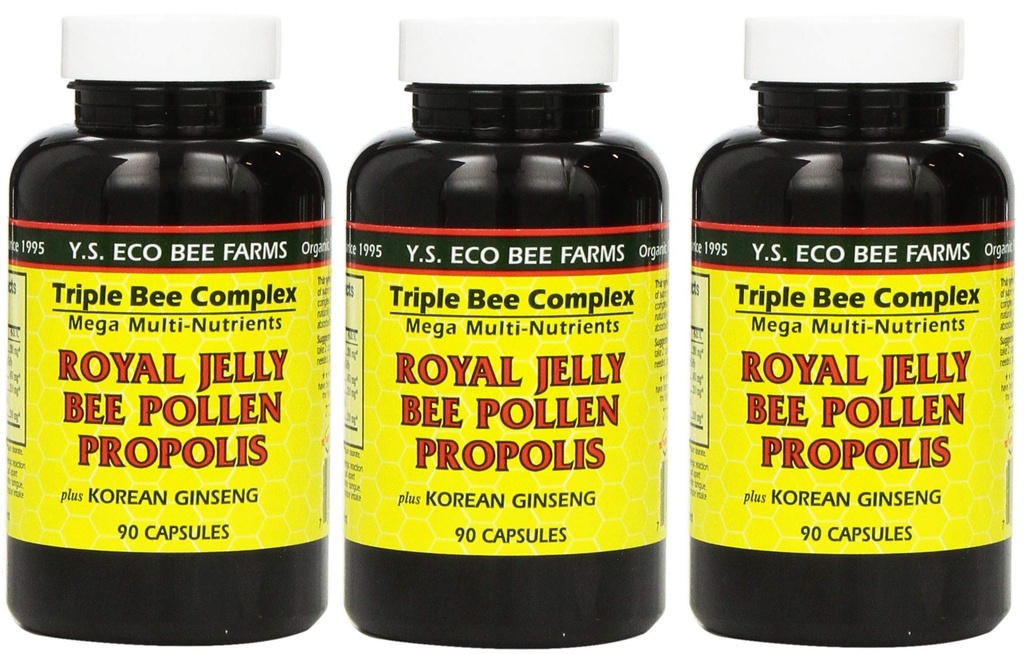 Y.S. Eco Bee Farms, (3 Pack) Royal Jelly, Bee Pollen, Propolis, Plus Korean Ginseng, 90 Capsule