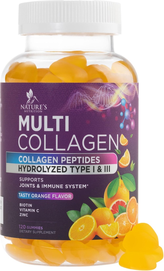 Peptidi di collagene Gummies con 2500 mcg Biotina - Integratore multi collage di proteine idrolizzate I & III con vitamina C & Zinc - Supporto per capelli, pelle, unghie, gustoso aroma d'arancia - 120 Gummies