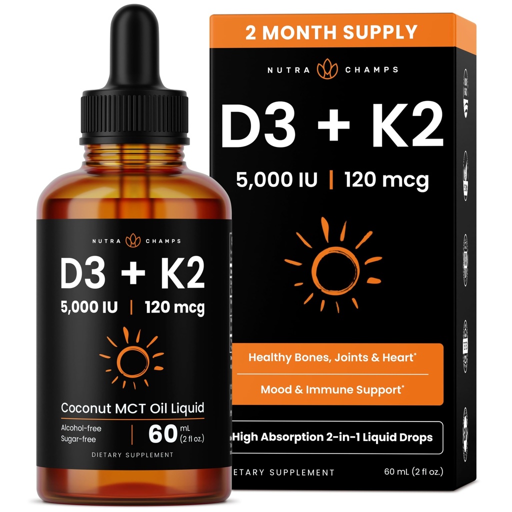 NutraChamps Vitamin D3 K2 Gocce, Vitamina D3 5000 IU & K2 D3 con MK7, Gocce di vitamina D per bambini, ossa, cuore e salute immunitaria, vitamina D liquida in olio MCT per un migliore assorbimento