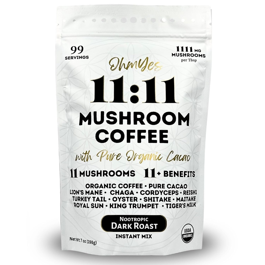 Ohmyes 11 Funghi con Cacao – 11 Stati Uniti Mushrooms adaptogenico coltivato per Focus, Clarity & Energy – Mane del leone, Reishi, Chaga + Superfood organico nootropico di OhmYes (7oz) - 99 Servings