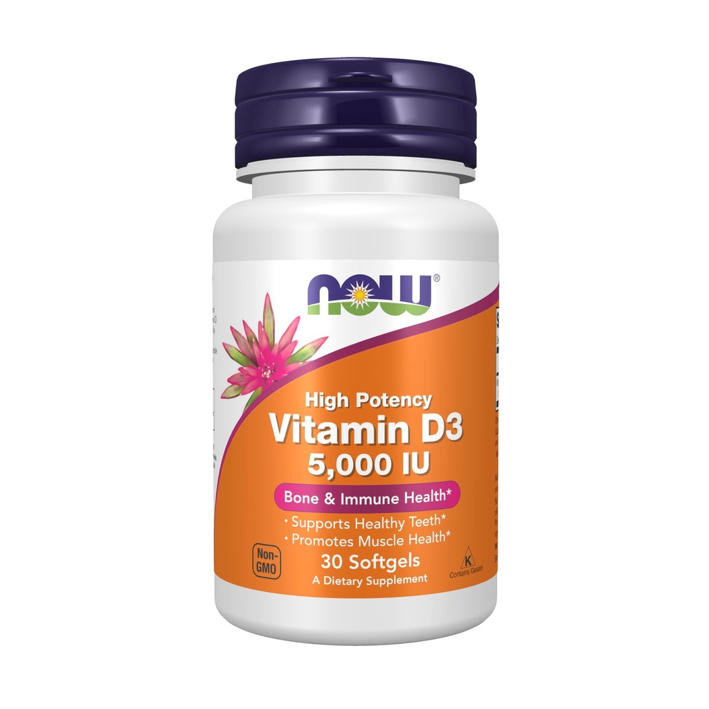 NOW Integratori, Vitamina D3 5000 IU, Alta Potenza, Supporto Strutturale*, 30 Softgels