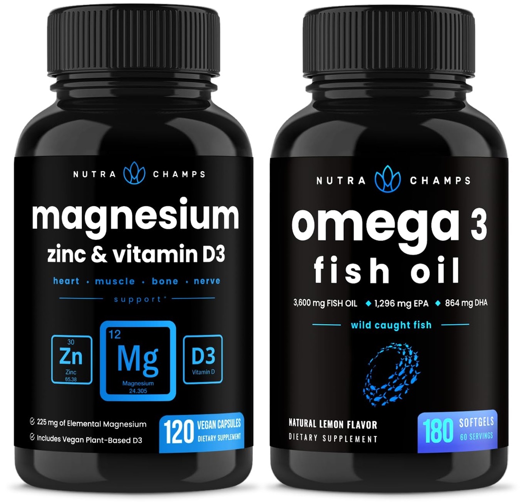 NutraChamps Magnesium Zinc & Vitamina D3 Capsule e Omega 3 Fish Oil Capsule 2 Pack Bundle