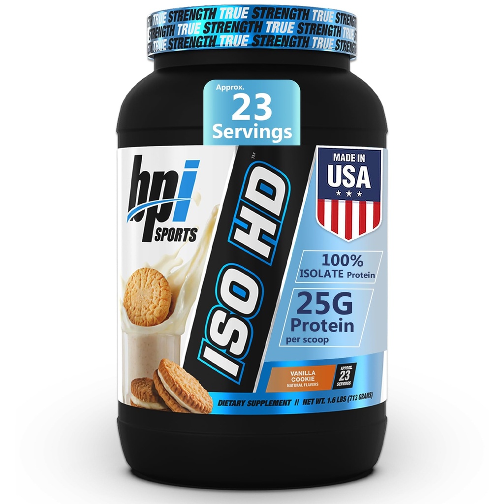 BPI Sports ISO HD Isolate Protein Powder – 100% Whey Isolate, Protein Powder for Muscle Gain - Vanilla Cookie - 1.6 Lb - 23 Serve