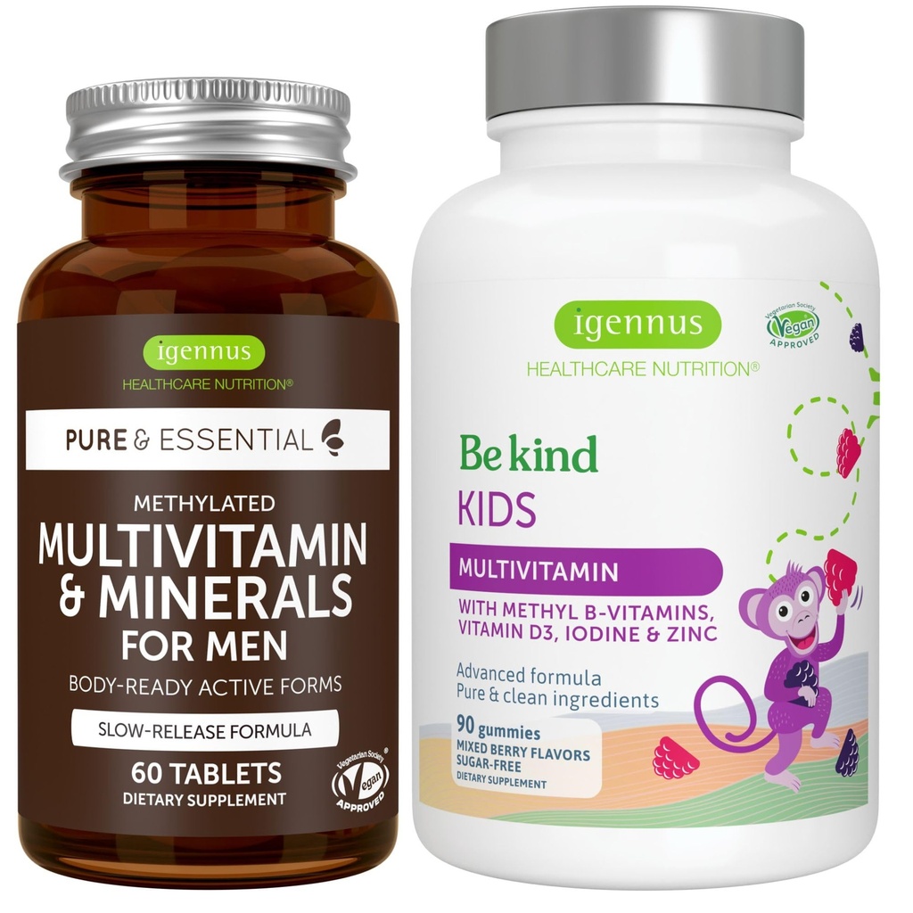 Multivitaminici e minerali per gli uomini + Advanced Kids Multivitamin Gummy Vegan Bundle, con B-Vitamins etilati, Vitamina A, C, D3 & E, Etichetta pulita, 60 compresse + 90 Gummies di aroma di bacche, di Igennus