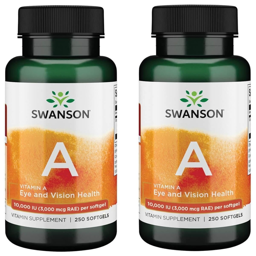 Swanson Vitamina A 10.000 IU (3.000 mcg RAE) Nourishment naturale per Bone, Salute della pelle, Supporto della visione e Funzione di sistema immunitario - Alta assorbimento Vitamina A 250 Softgels (2 Confezione)