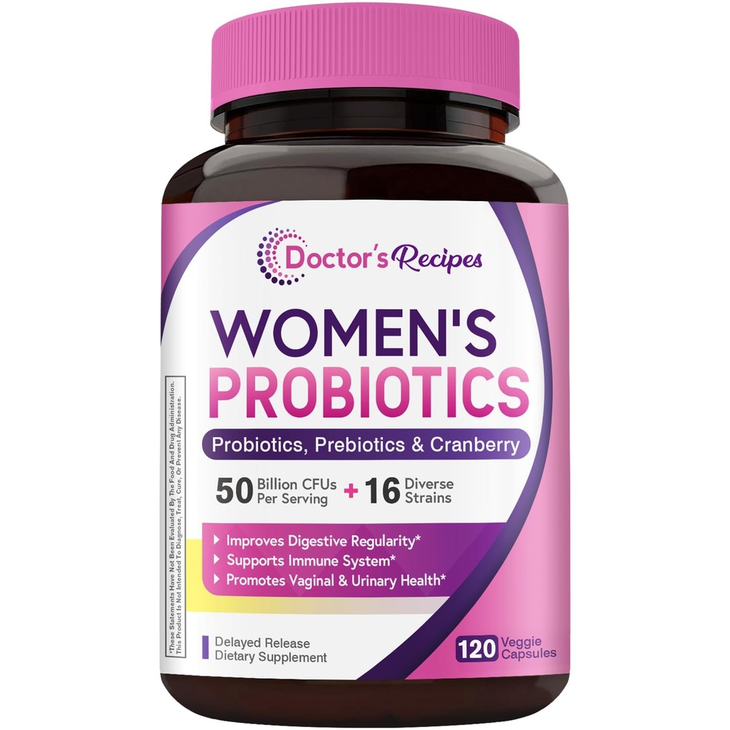 Probiotico femminile, 120 Caps 50 miliardi di CFU 16 Strains, con mirtillo organico, Vaginale immunitario digestivo & salute urinaria, Scaffale stabile, rilascio ritardato, No