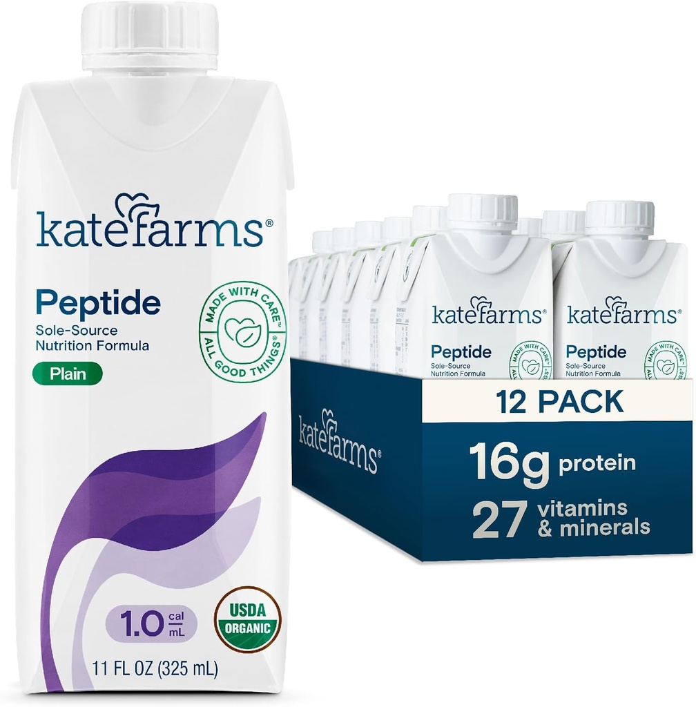 KATE FARMS Organic Adult Peptide 1.0 Formula, Plain, Sole-Source, Nutrizione a base vegetale idrolizzata per alimentazione orale o tubo, 11 Fl oz (12 Pack)