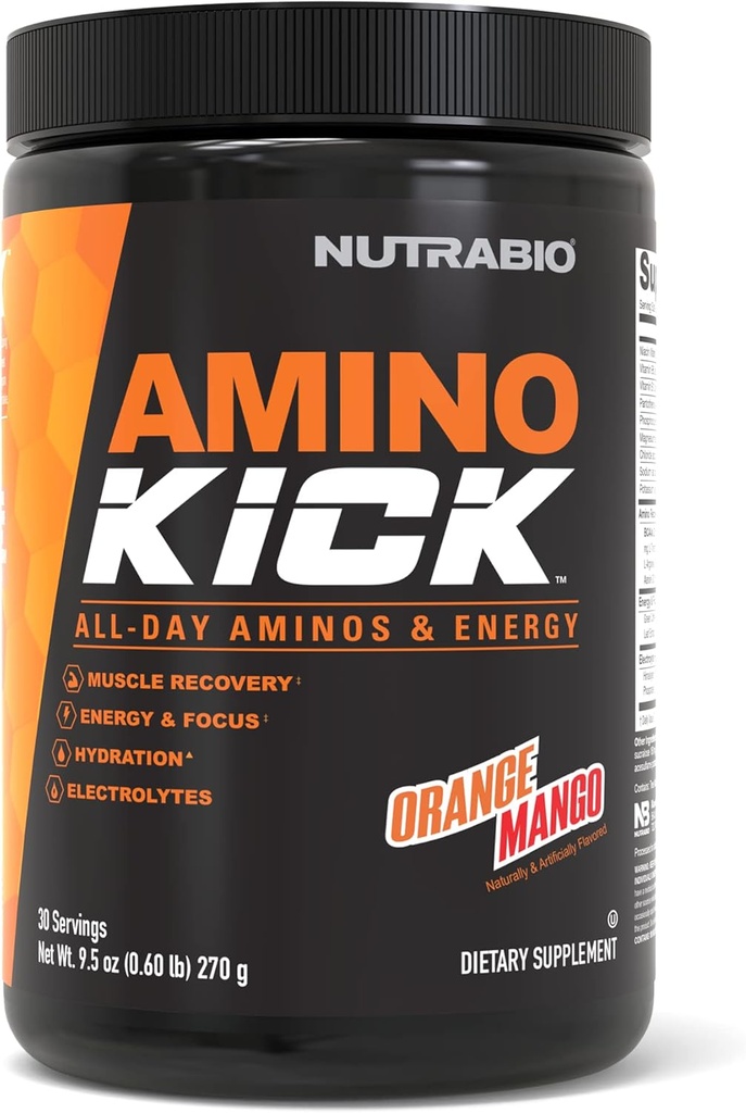 NutraBio Amino Kick – Polvere BCAA con caffeina naturale – Aminoacidi Supplemento per energia, idratazione e recupero – BCAA, elettroliti e aminoacidi – Mango arancione, 30 Serve