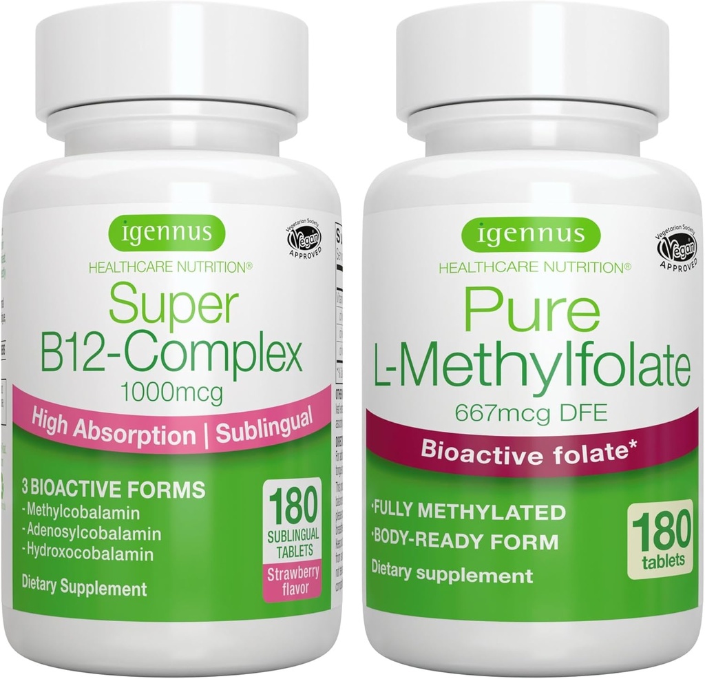 Super B12-Complex 1000mcg + Pure Folate 400mcg Vegan Bundle, Alta Assorbimento Sublingue Vitamina B12 con Methylcobalamin, Adenosylcobalamin & Hydroxocobalamin + L-metilfolato ottimizzato, di Igennus