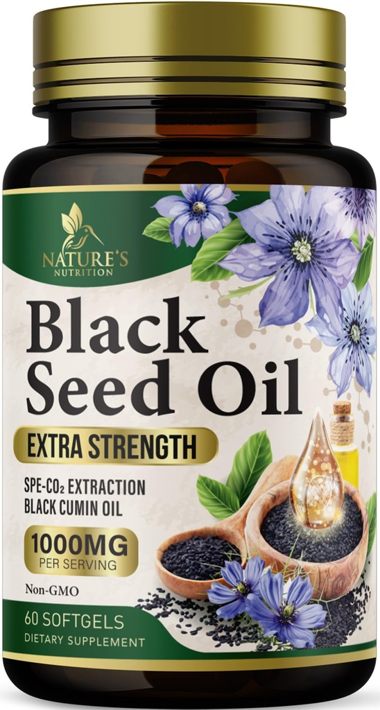 Black Seed Oil Softgels 1000mg - Premium Nigella Sativa Blackseed, Pure Natural Black Cumin Seed Oil & Antiossidante per pelle e supporto immunitario - Non OGM, Bottigliato in USA Supplement - 60 Softgels