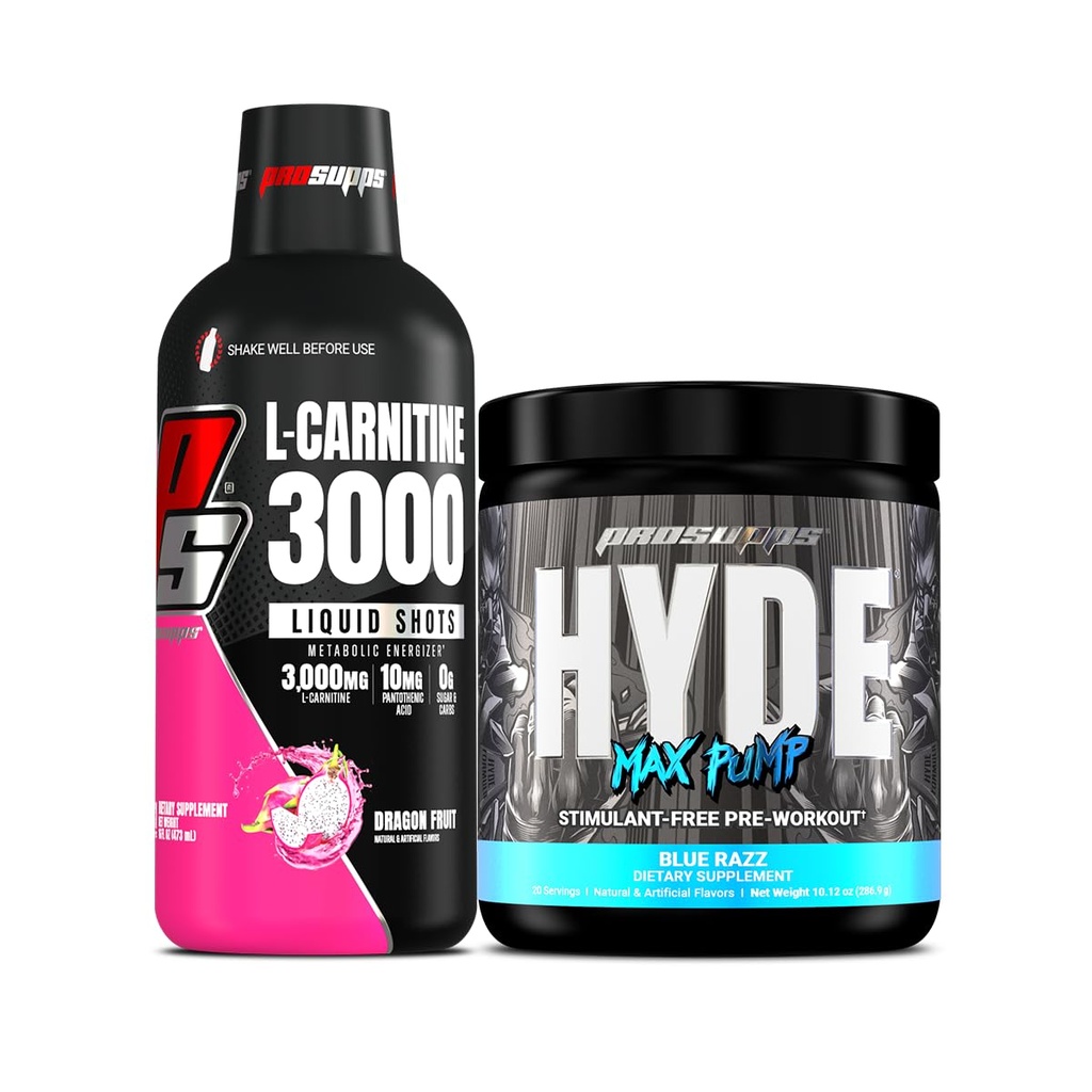 PROSUPPS L-Carnitine 3000 Stimolant Liquid Shots (31 Serve, Dragon Fruit) e Hyde Max Pump Pre Workout per Uomini e Donne (20 Serve, Blue Razz) Bundle