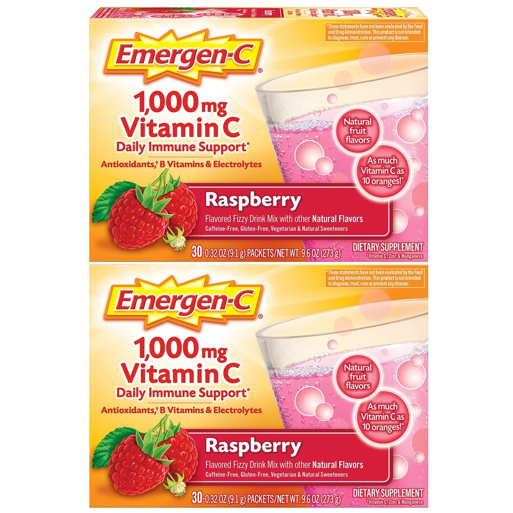 Polvere di vitamina C di Emergen-C 1000mg, con antiossidanti, vitamine e elettroliti B, integratori di vitamina C per il supporto immunitario, miscela di bevanda senza caffeina, aroma di lampone - 60 conta / 2 mesi di alimentazione
