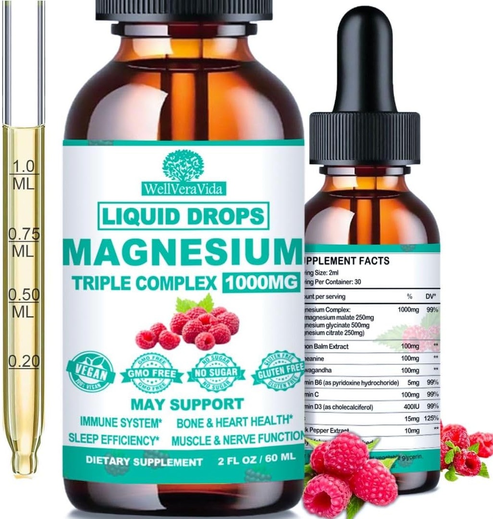 Triple Magnesium Complex, 500mg di Magnesio Glycinate, Citrate & Malate w. Vitamina D3 K2, Formazioni Chelate Alta Assorbimento, Liquid Magnesium Complex w/B6 Zinc per Bone, Sonno, Cuore, Energy Nerve