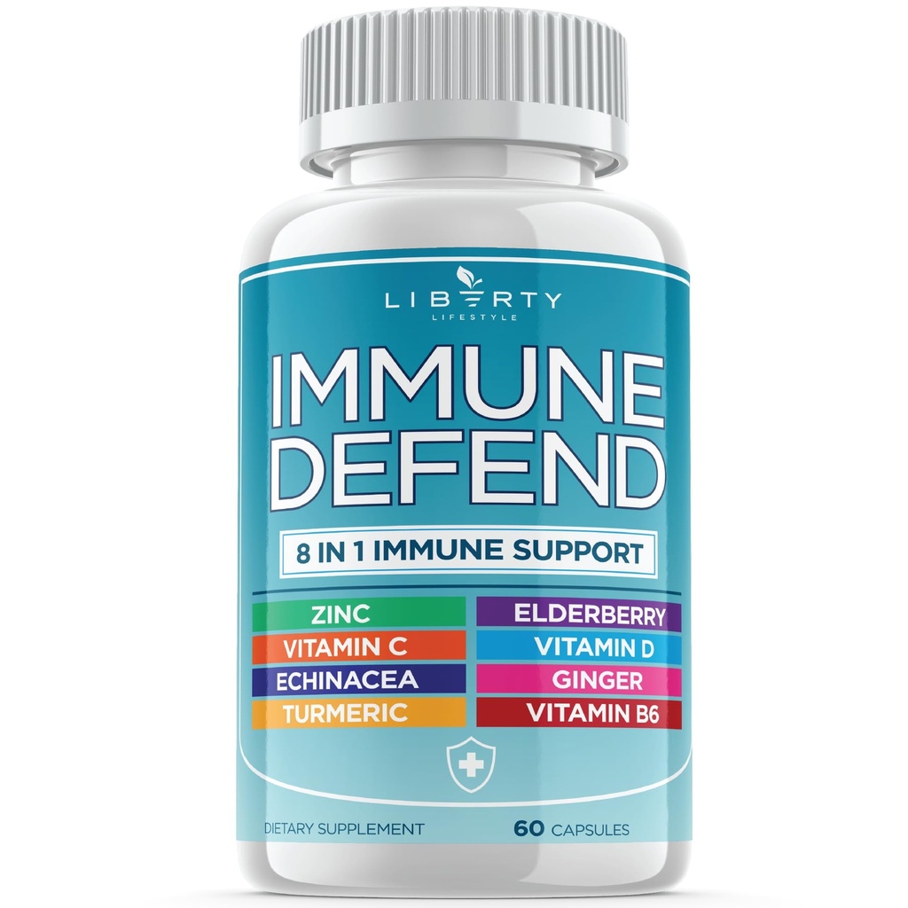 8 in 1 Supporto di difesa immunitaria, Integratore di capsule di immunità con Echinacea Zinc 50mg, Vitamina C, D3 5000 IU, Curcumina e Ginger, Echinacea - per bambini adulti (1 confezione)