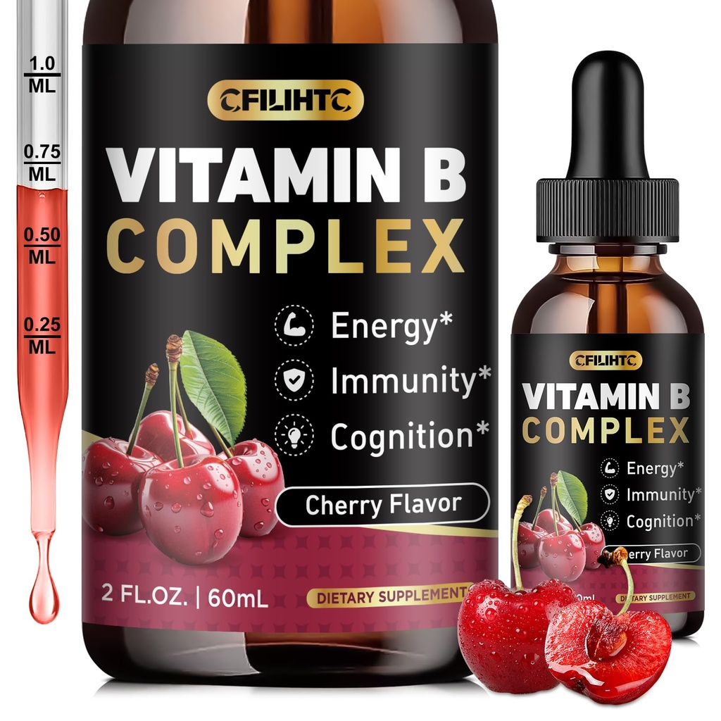Vitamina B Complex Liquid Drops, B Vitamins Complex Supplement con B1, B2, B3, B5 B6, B7, B9 & Methyl B12 Gocce per adulti e bambini, Vegan, Cherry Flavor