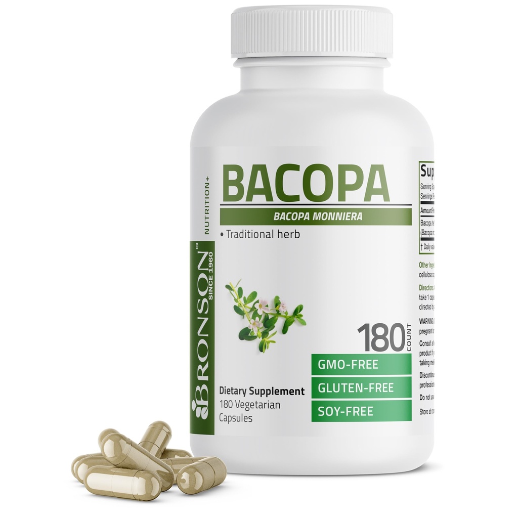Bronson Bacopa supporta la funzione sana del cervello e le prestazioni mentali, erba tradizionale, non OGM, 180 capsule vegetariane