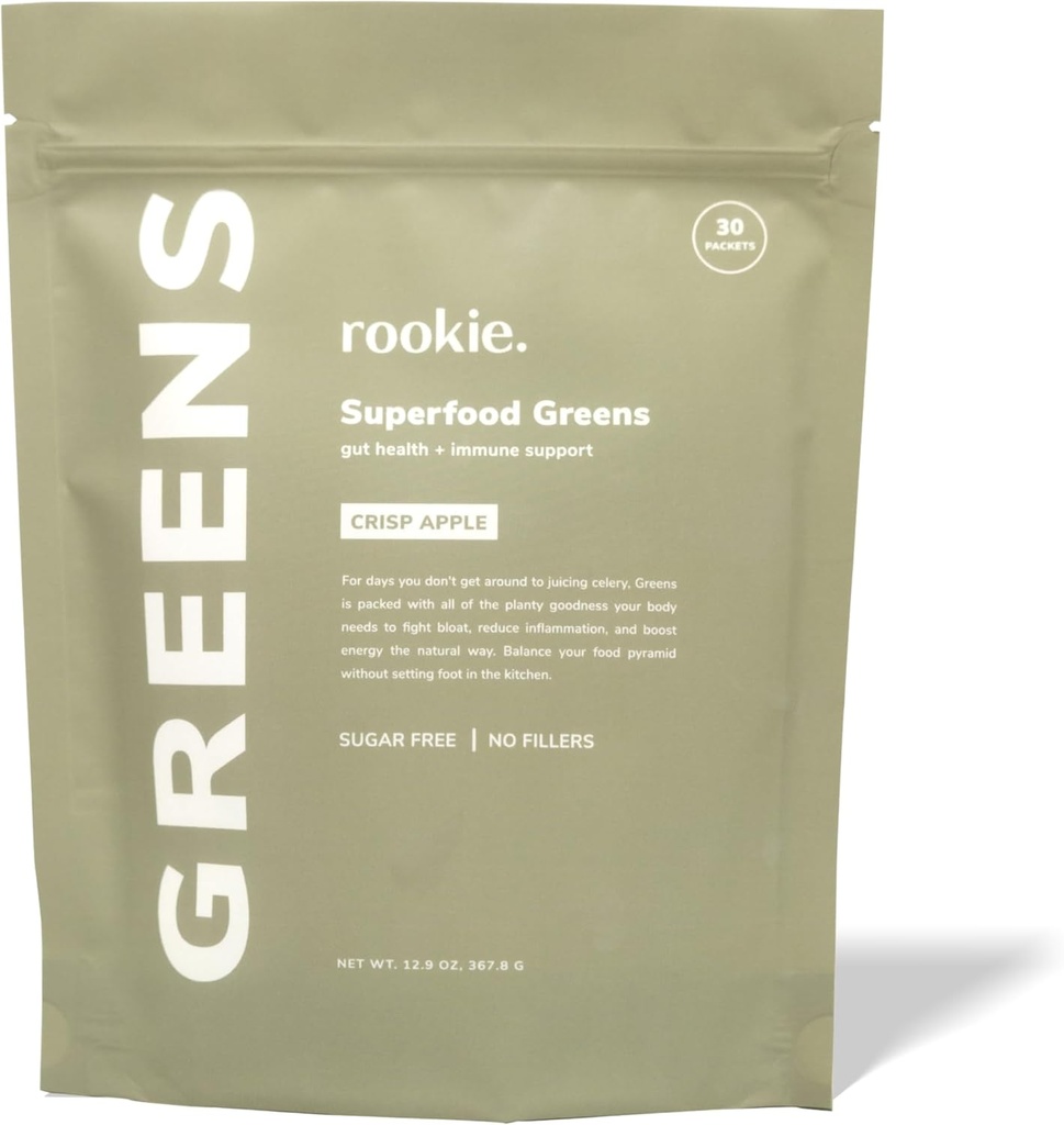 Rookie Wellness Greens + Superfoods - Greens Superfoods Powder Drink Made with Whole Food Sourced Ingredients Contiene vitamine, Probiotici, Antiossidanti e Baobab Fiber (30 Servings, Crisp Apple)
