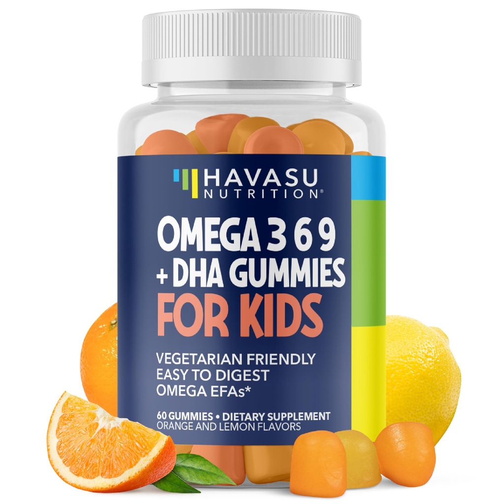 Omega 3 6 9 + DHA Gummies per bambini - vegetariano, pianta-basato olio di pesce con DHA e EPA per bambini 2+ per sostenere il corpo e lo sviluppo del cervello - nessun gusto pesce - limone e arancio aromi - 60 Conte